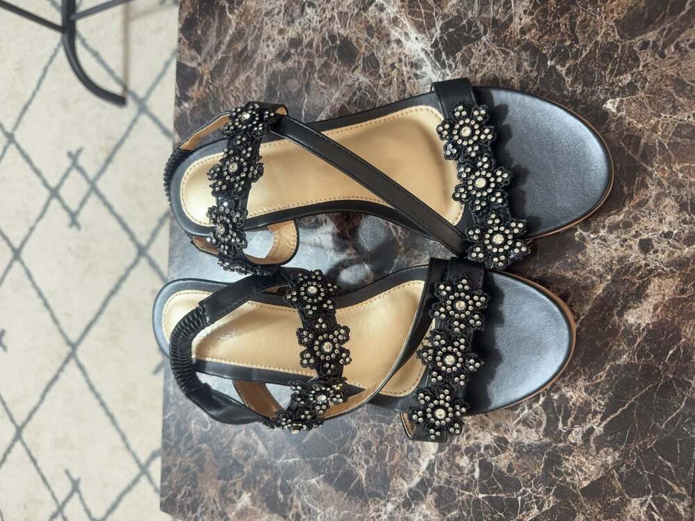 Shibever Black Rhinestone Flower Wedge Sandals Size 41